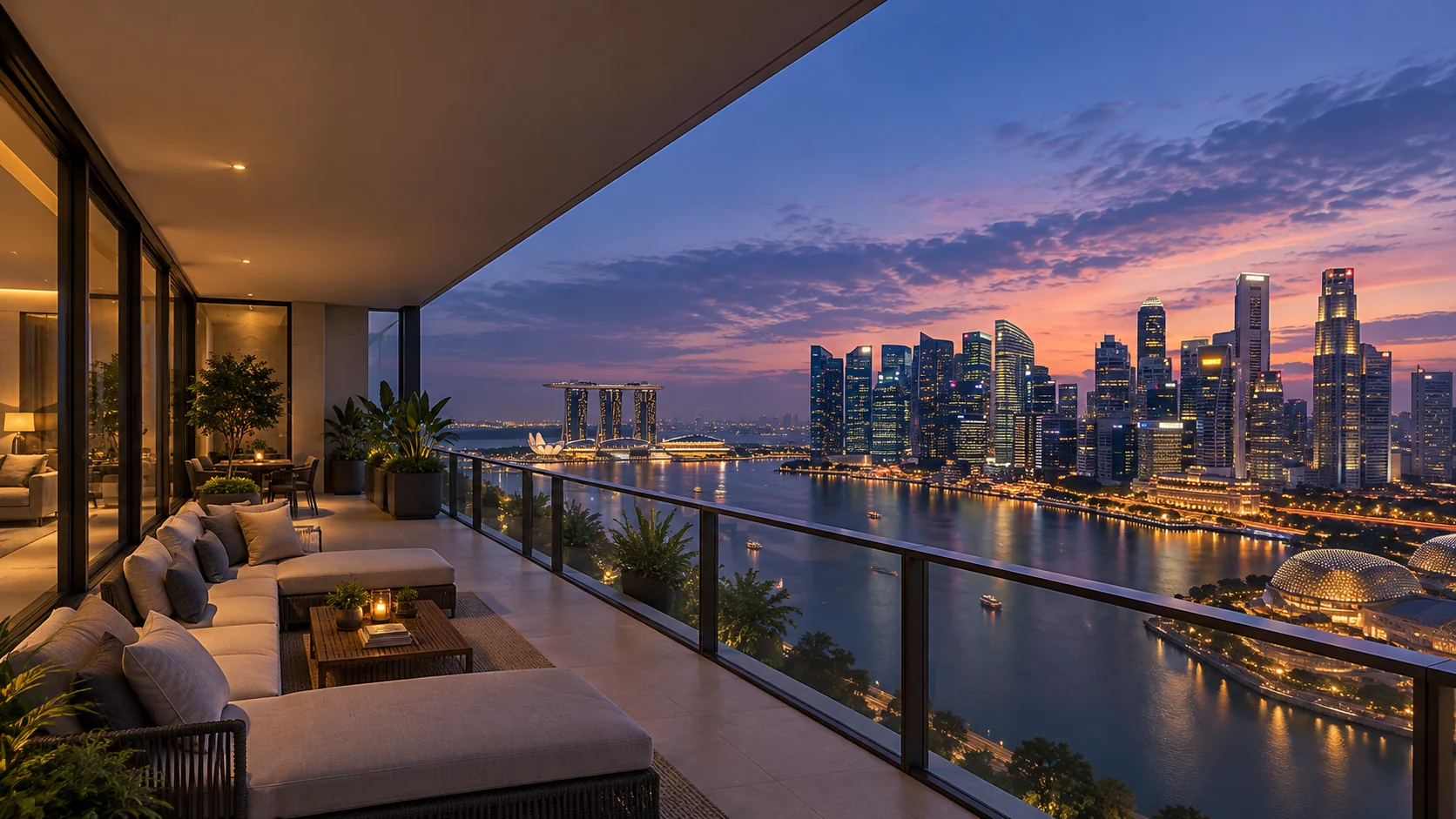 Sheltered penthouse terrace overlooking Singapore's Marina Bay at dusk
